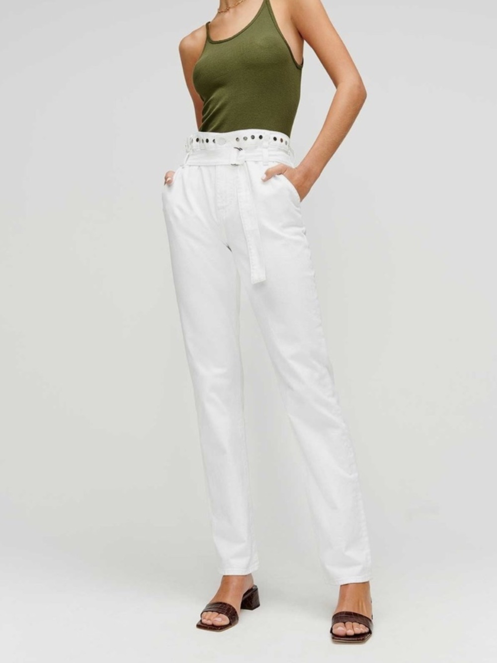 7 For All Mankind White High-Rise Straight Leg Paperbag Jeans - 28